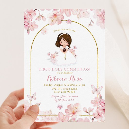 Invitation Fille rose Fleur de cerisier première sainte commu