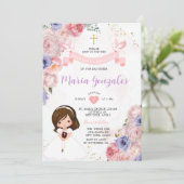 Invitation Fille rose Fleur Première Sainte Communion Croix d (Debout devant)