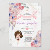 Invitation Fille rose Fleur Première Sainte Communion Croix d (Devant / Derrière)