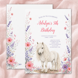 Invitation Fille Rose Fleur Sauvage Violette Cheval 5ème Anni