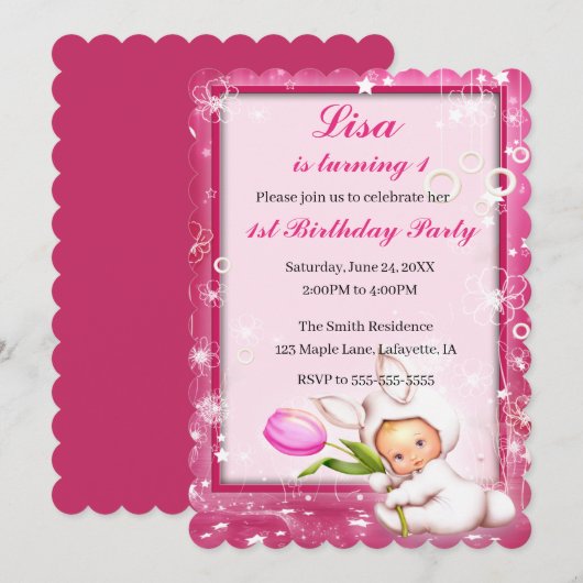 Invitation Fille Rose Floral Baby Bunny 1er anniversaire (Devant / Derrière)