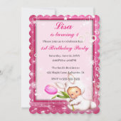 Invitation Fille Rose Floral Baby Bunny 1er anniversaire (Devant)