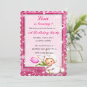 Invitation Fille Rose Floral Baby Bunny 1er anniversaire (Debout devant)
