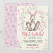 Invitation Fille rose Floral Bunny Fête d'anniversaire (Devant / Derrière)