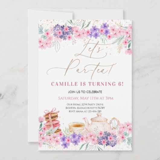 Invitation Fille Rose Floral Tea Party Anniversaire (Devant)