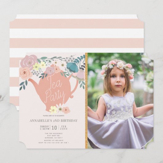 Invitation Fille Rose Floral Tea Party Photo Anniversaire (Devant / Derrière)