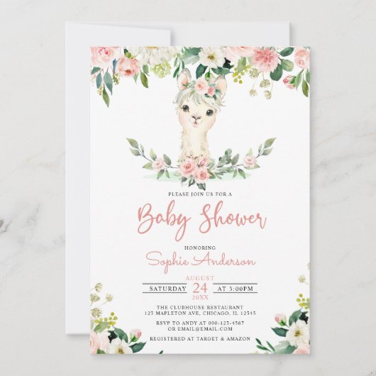 Invitation Fille rose florale Alpaca Baby shower Llama (Devant)