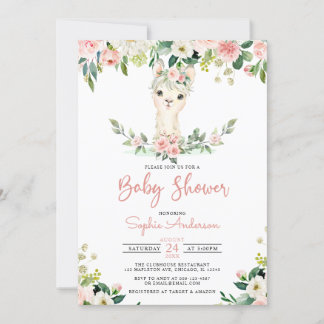 Invitation Fille rose florale Alpaca Baby shower Llama
