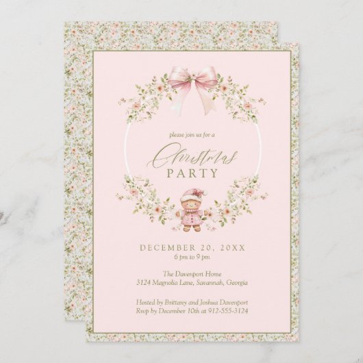 Invitation Fille rose florale Coquette Fête (Devant / Derrière)