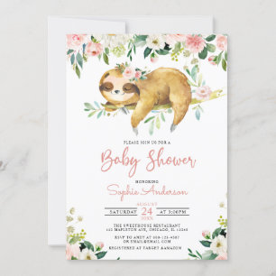 Invitation Fille rose florale mignonne Sloth Baby shower Invi