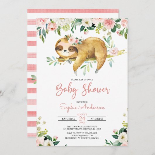 Invitation Fille rose florale mignonne Sloth Baby shower Invi (Devant / Derrière)