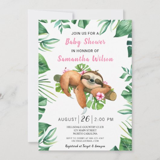Invitation Fille rose florale mignonne Sloth Baby shower Invi (Devant)