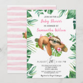 Invitation Fille rose florale mignonne Sloth Baby shower Invi (Devant / Derrière)