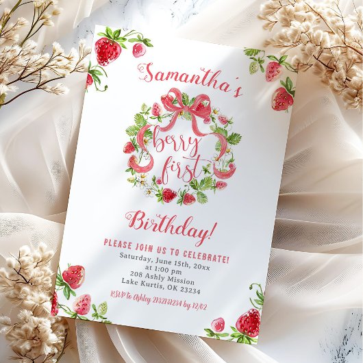 Invitation Fille Rose Fraise Baie Premier Anniversaire