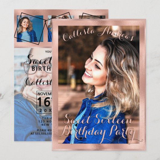 Invitation Fille Rose Gold Frontière Photo Collage Sweet 16 (Devant / Derrière)