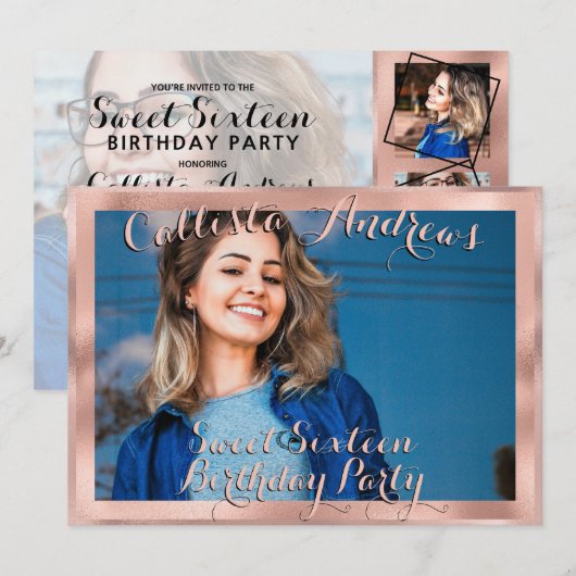 Invitation Fille Rose Gold Frontière Photo Collage Sweet 16 (Devant / Derrière)