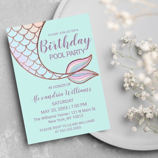 Invitation Fille Rose Gold Mint Mermaid Tail Pool Anniversair