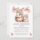 Invitation Fille Rose Maman Et Bébé Baby shower Lapin (Devant)