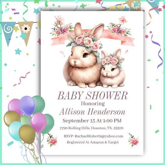 Invitation Fille Rose Maman Et Bébé Baby shower Lapin