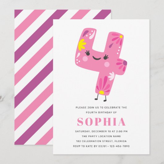 Invitation Fille rose mignonne moderne Anniversaire - 4ème an (Devant / Derrière)