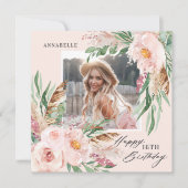 Invitation Fille rose moderne élégant floral photo anniversai (Devant)