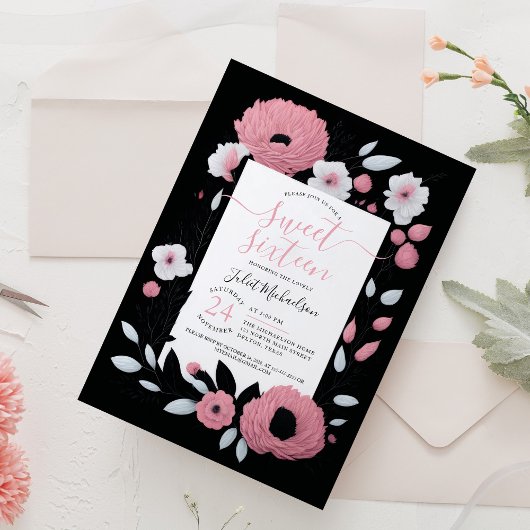 Invitation Fille rose noir blanc Ranunculus Floral Sweet 16