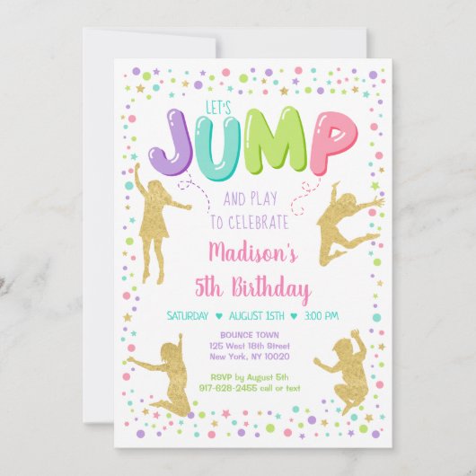 Invitation Fille rose or arc-en-ciel Jump Bounce fête Anniver (Devant)