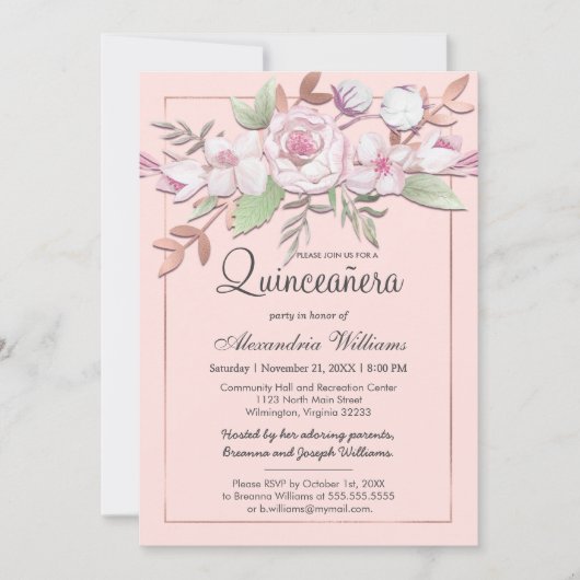 Invitation Fille Rose Or Blush rose Floral Quinceañera (Devant)