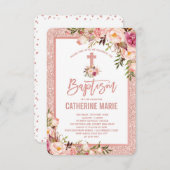 Invitation Fille Rose Or Floral Baptême bébé fille (Devant / Derrière)