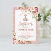 Invitation Fille Rose Or Floral Baptême bébé fille (Debout devant)