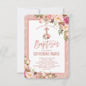 Invitation Fille Rose Or Floral Baptême bébé fille (Devant)