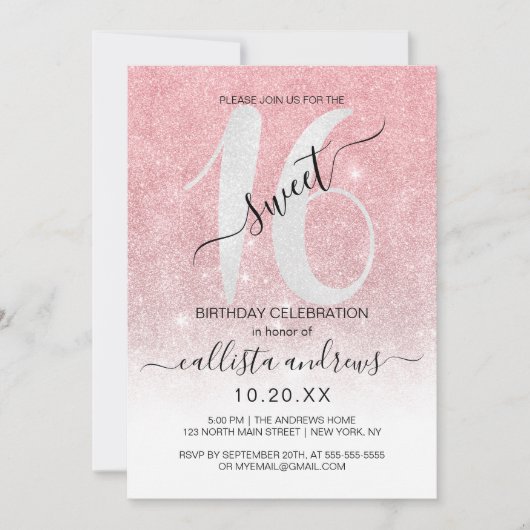 Invitation Fille Rose or Parties scintillant blanche Ombre Sw (Devant)