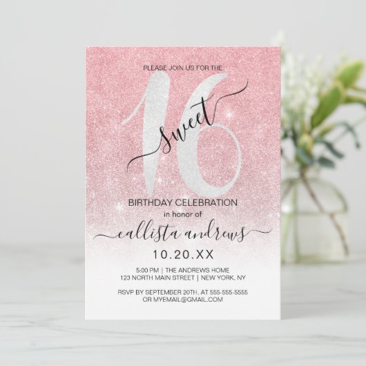 Invitation Fille Rose or Parties scintillant blanche Ombre Sw (Debout devant)