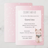 Invitation Fille Rose Pâle à Points Blancs Chat Anniversaire (Devant / Derrière)