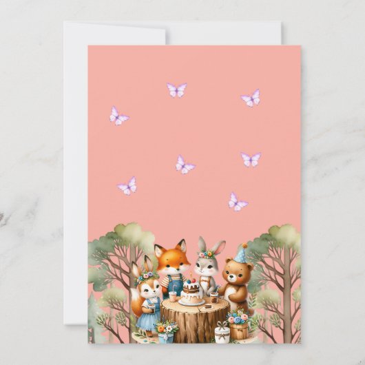 Invitation Fille rose Papillon Bois Animaux 1er anniversaire (Dos)