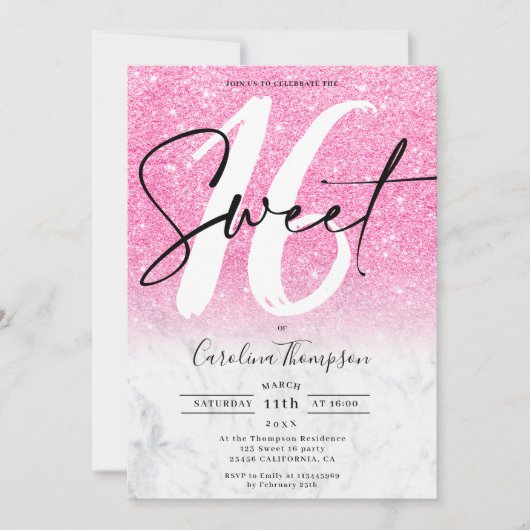 Invitation Fille rose parties scintillant bordure en marbre p (Devant)