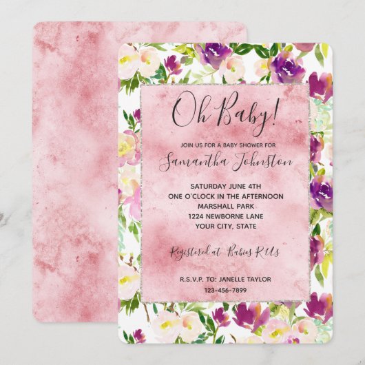 Invitation Fille Rose Peach Purple Burgundy Aquarelle Florale (Devant / Derrière)
