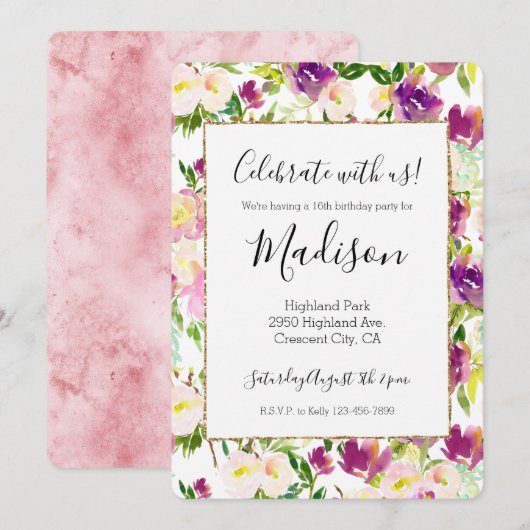 Invitation Fille Rose Peach Purple Burgundy Aquarelle Florale (Devant / Derrière)