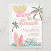 Invitation Fille Rose Pêche TWO à la PLAGE Surfant 2e Anniver (Devant)