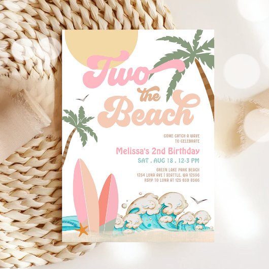 Invitation Fille Rose Pêche TWO la PLAGE Surfant 2e Anniversa