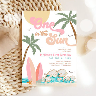 Invitation Fille Rose Pêche Une Dans Le Soleil Surf 1er Anniv