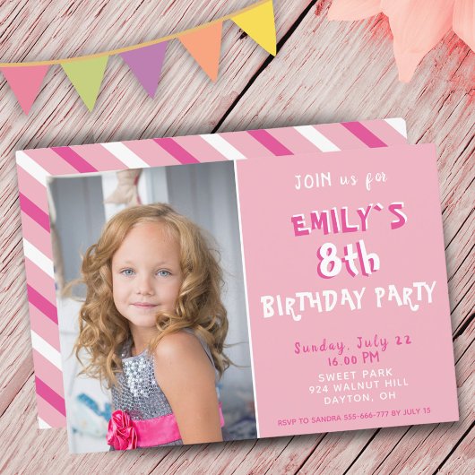 Invitation Fille rose Photo fête d'anniversaire