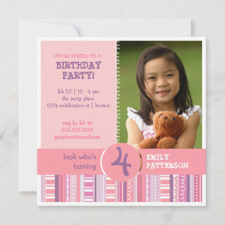Invitation Fille rose pourpre Numéro d'âge Fête d'anniversair