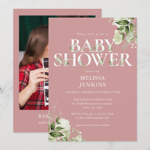 Invitation Fille Rose Poussiéreux Vert Foncé Rose Baby Shower