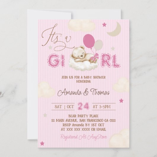 Invitation Fille Rose Préparatoire Baby Shower (Devant)