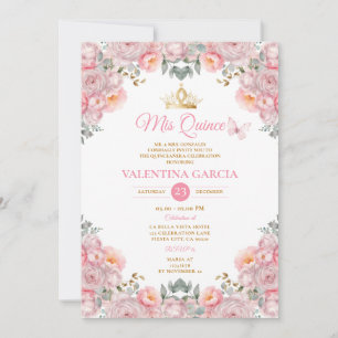 Invitation Fille Rose Quinceañera 15 Anos Fleurs Or Couronne