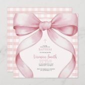 Invitation Fille rose rousse BaptêmeCollier de perle de Bow (Devant / Derrière)