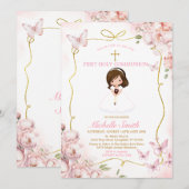 Invitation Fille rose rousse tenant la Bible Première Sainte  (Devant / Derrière)