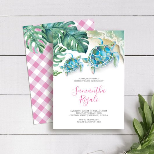 Invitation Fille rose Tortue tropicale En vichy Anniversaire