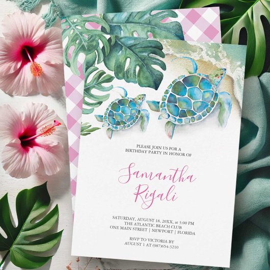 Invitation Fille rose Tortue tropicale En vichy Anniversaire